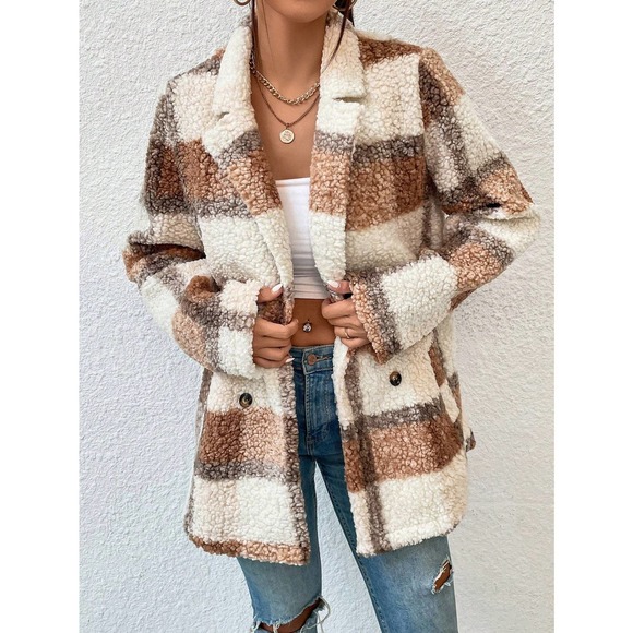 WILA Jackets & Blazers - Plaid Double Breasted Teddy Coat boho preppy tan brown